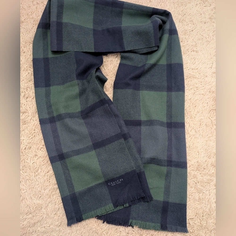 Coach Wool Cashmere Logo Plaid Wide Fringe Scarf